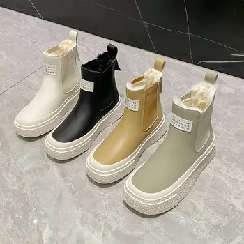 Дамски зимни ботуши с интегриран кожа 2023 г., нови бели нескользящие плюшени обувки на дебела подметка и топли къси ботуши, изработени от памук голям размер