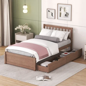 Модерно обзавеждане легло-платформа Twin Size с 2 чекмеджета цвят орех