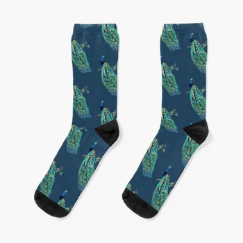 Реколта чорапи с павлином, сини + златни Чорапи, футболни чорапи в стил хип-хоп, професионални чорапи за джогинг, чорапи happy socks, женски, Мъжки