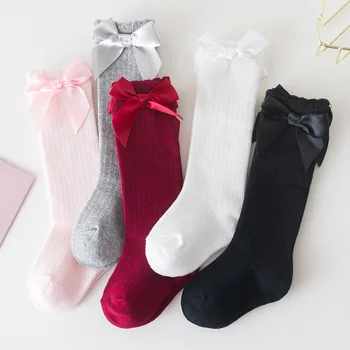 5 Двойки / лот, Пролетни Чорапи за деца, Новородено момиченце, памук дължина до коляното, Плътен Голям лък, Цветни аксесоари