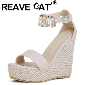 REAVE CAT/ 2021 Летни Приказно сандали с отворени пръсти и каишка с катарама за щиколотке, сандали на танкетке 12,5 см, размер на 30-48