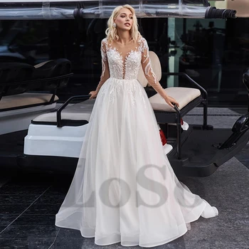 Луксозна сватбена рокля, расшитое мъниста, Изящни апликации, копчета и дълъг ръкав, рокля на принцеса за миене на съдове 2022 Robe De Mariee за жени