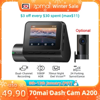 70mai Dash Cam A200 HDR 1080P Двоен Автомобилен Видеорекордер 130 ° FOV Авто Черна Кутия 24-Часов Паркинг Монитор Авто Записващо устройство за Нощно Виждане Owl