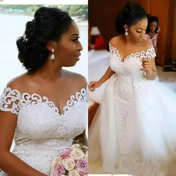 Сватбени рокли на Русалка в нигерия стил, Подвижна панделка, Лейси апликация, Прозрачни булчинска рокля с открити рамене, Къс ръкав, по-Големи размери