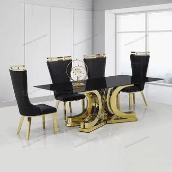 Комбинация от масата за хранене и столове с по-лека луксозен стъклен панел, трапезарна маса от сива стомана, нестандартни мебели от неръждаема стомана, custo