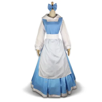 Синя рокля на принцеса Бел, костюми Красавица и Чудовище, облекло прислужница, модни дрехи за cosplay на Хелоуин