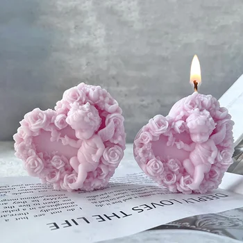 3D Занаят Скърпвам Шоколад Инструмент за декорация на печене САМ Силиконова форма за свещи Розово сърце Ангел Ръчно изработени Гипсова форма за ароматизирани сапуни