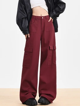Червени дънки-карго, дънкови панталони Y2k, по-джоба, градинска дрехи с висока талия, дънки пълна дължина, удобни и модерни панталони-меки материали