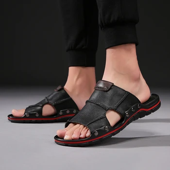 Сандали, мъжки тенденция на улични чехли, мини ежедневни плажни мъжки кожени чехли за мъже, висококачествени чехли голям размер 48