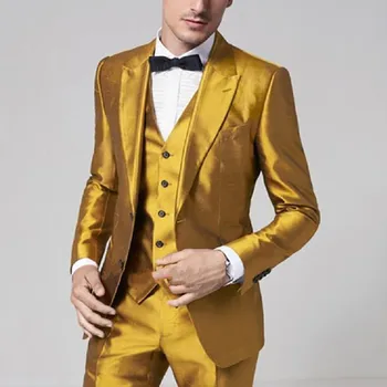 Последните Златни Сатен Мъжки Костюми 2023 Slim Fit Prom Party Stage Младоженеца на Сватбен Смокинг Ternos Мъжки костюм от 3 теми (Блейзър + Жилетка + панталони)