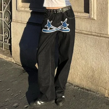 Мъжки сини дънки с писмото принтом, модни директни ежедневни панталони в стил хип-хоп, свободни улични американските ретро панталони