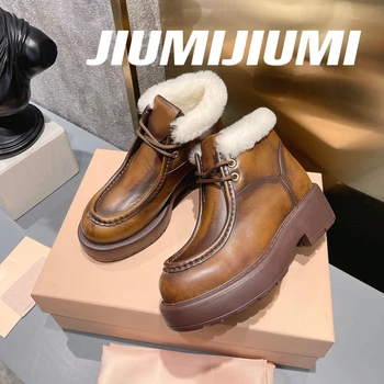 JIUMIJIUMI/ най-Новите Зимни Ботильоны Ръчно изработени От Естествена Кожа, Вълна Обувки, Дамски обувки 