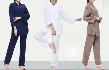3 вида цветове от лен и памук, есенно-пролетни и зимни дамски костюми за йога с дълги ръкави, униформи за медитация, комплекти за неофициално облекло, син, каки/бял