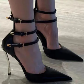 Дамски обувки на висок ток пролет 2024, нова линия, метален обтегач, тънка, с всички модерни, черна, индивидуалност, фини обувки с остър пръсти