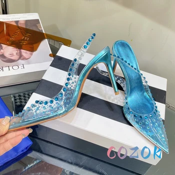 Летни луксозни сандали на висок ток от прозрачно PVC с остри пръсти, блестящи кристали, висококачествени обувки за партита, женски сватбени обувки от естествена кожа