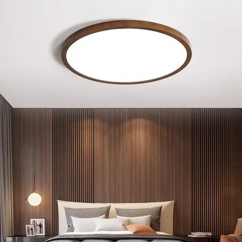 Ултратънък тавана лампа за всекидневната, лампата от масивно дърво с цвят на орех, Обикновен кръг лампа за спални, тераси, коридор.