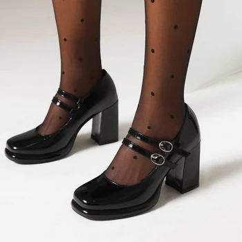 Елегантни дамски обувки Мери Джейн на висок ток, класически модел обувки-лодки, черно-бели сватбени офис обувки на блок обувки, Дамски обувки голям размер