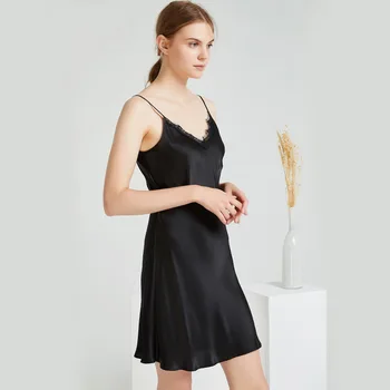 Класически нощни ризи на спагети презрамки от 100% коприна, секси дантелено черна мини-рокля, лятна однотонная пижама с V-образно деколте, тънка гладка домашна кърпа