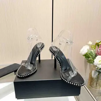 Летни сандали 2024 г. Дамски сандали с кръгло бомбе и каишка с катарама На висок ток Дамски обувки от PVC с метална декорация от естествена кожа Chaussure Femme