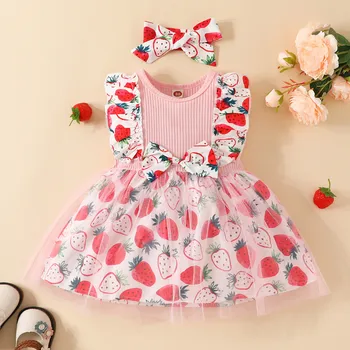 Тюлевое рокля без ръкави с ягодов принтом и лък в рубчик за малки момиченца, дрехи за ежедневна употреба за момичета, рокли за момичета
