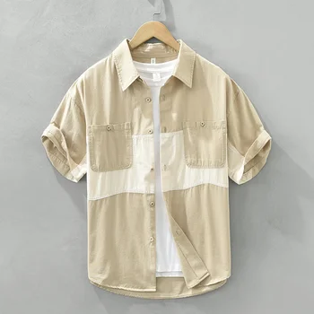 Лятна мъжка лоскутная риза с къс ръкав, Художествени Универсални Ежедневните Свободни блузи, риза с квадратна яка от чист памук, сако, мъжко облекло
