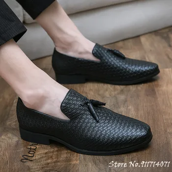 2022 Мъжки Италиански Луксозни Дизайнерски Модела Обувки С Плетена Пискюли, Кожени Обувки За Сватбени Партита, Модни Лоферы