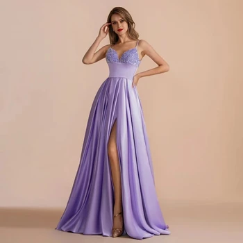 Елегантни лилаво секси рокли за бала на тънки спагети презрамки с V-образно деколте, бродирани с мъниста, дамски рокли, трапецовидна форма, без ръкави, с дължина до пода, вечерна сватбена рокля за парти