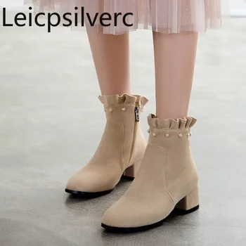 Дамски обувки; Новост на есента и зимата, Модни дамски обувки с квадратни пръсти, с цип за средно токчета и къса тръба; големи размери 31-45 височина 4,5 см
