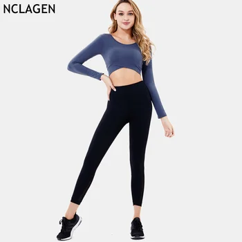 Женски спортен костюм NCLAGEN, есенен комплект за йога, 2 броя, сексуална гамаши, за да спортувате във фитнес залата и топ, повдигащ, тренировъчен костюм за фитнес с дълъг ръкав, за джогинг