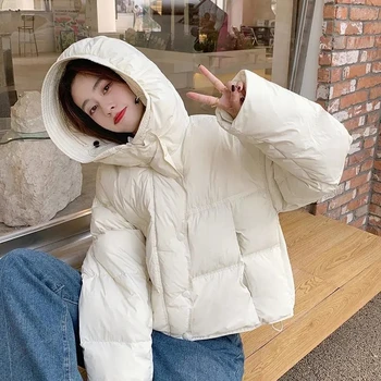 Дамски памучен яке с качулка в корейски стил, новост зимата 2023, Удобни ежедневни дамски връхни дрехи, Универсално дамско палто