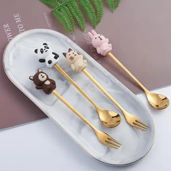 Лъжичка за разбъркване на чай с лед, Креативна Лъжица във формата на животни, Златна Лъжица от неръждаема стомана, Плодови Десерт Вилица, Лъжица за млечен сладолед