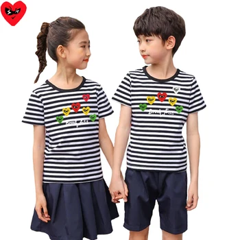 Детска лятна риза на райе с кръгло деколте и къс ръкав, памучни ежедневни тениски за момичета и момчета с картина на сърцето