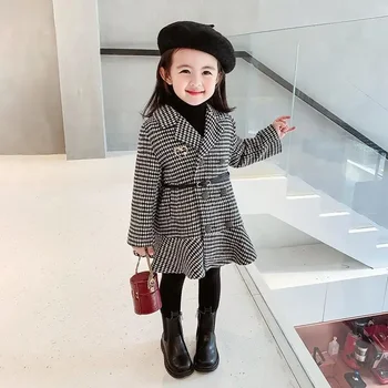 Вълнена дълго палто за момиче в английски стил, тренч, Корейската версия, връхни дрехи с колан в клетка за момичета, детски дрехи 2-12 години
