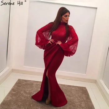 Вино-червени дантелени вечерни рокли с дълги ръкави, Дубай, секси вечерни рокли с висока яка-русалочкой, Serene Hill QA8002