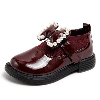 Обувки на принцеса за момиченца, модни детски кожени обувки с лък и перли, Есен нова детска ежедневни обувки на плоска подметка