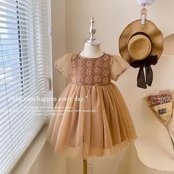 Лятна рокля за малки момичета 2023 г., Сетчатое принцеса рокля с розови цветя, подходящи за рожден ден на малки деца, детски дрехи