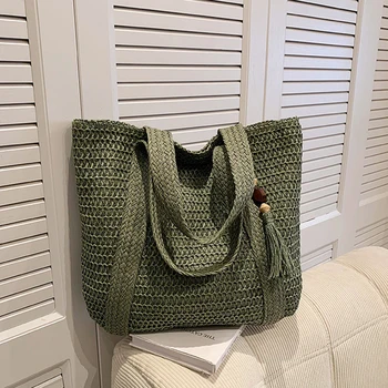 Луксозни дизайнерски чанти-тоут от слама тъкан, Летни ежедневни чанти с пискюли голям капацитет, модерни плажни дамски чанти на рамо, прост стил Shopp