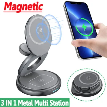 Сгъваема магнитна поставка за безжично зарядно устройство 3 в 1 за iPhone 15 14 13 12 Pro Max, станция за бързо зареждане на Apple Watch Airpods