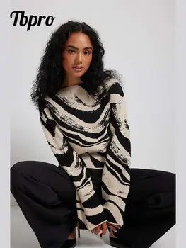 Модерен женски пуловер в нерегулярную ивица 2023, Есенен Шик вязаный пуловер с кръгло деколте и дълъг ръкав, Дамски Топли улични върховете