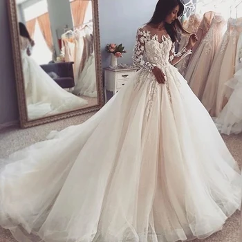 ANGELSBRIDEP Бална рокля с дълги ръкави Сватбени рокли Robe De Mariage Официалната апликация, beading, Придворен струята, булката рокля по поръчка