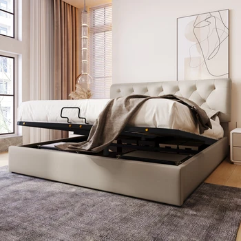 Хидравлична двойно легло, модерна мека легло 160х200см с регулируем таблата, метална рамка и място за съхранение, младеж, възрастен легло