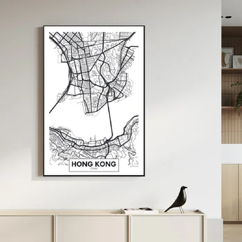 Известната Карта на Град Хонг конг, Напечатанная Върху Платно, Стенни Художествени Картини, Черно-Бели Плакати и Щампи за Домашен интериор Дневна