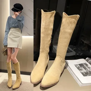 Новост в женски обувки Зимни модели обувки с висок голенищем Boot 2024 Дамски обувки до коляното Обувки на среден ток, Предложение на Луксозна марка Woman