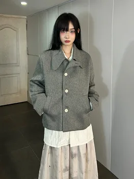 Вълнена късо дамско палто, новата есенно-зимна корейската версия однобортного дизайн с наплечником с високо воротом 