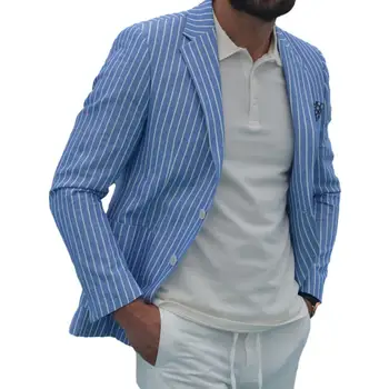 Мъжки оборудвана стилен мъжки костюм с ревери в ивица и принтом, бизнес костюм с джобове и копчета, тънка дишаща материя, дишане