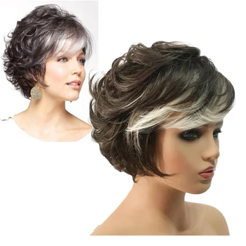 Жена кратък права перука от смесени естествени, синтетични косми кафяв и сребрист на цвят, с буйна бретон