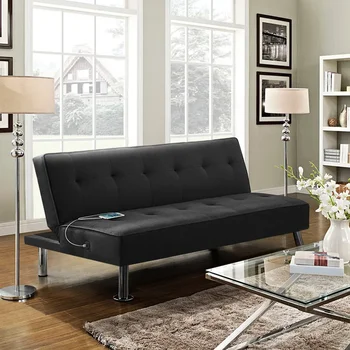 Олдън Design Модерен текстилен сгъваем futon с USB конектор, мебели за хола, диван, черен
