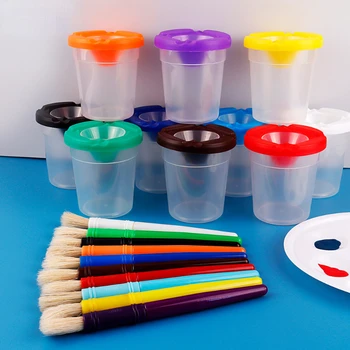 10-цветна пластмасова запечатани чаша за миене на вода за детска графити, 10-цветна четка от свинска четина, комплект чаши за рисуване от 20 теми
