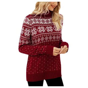 Есенно-зимния пуловер, пуловер, дамска мода, жаккардовый вязаный коледен пуловер с снежинками, пуловер с яка под гърлото, пуловер с яка гърлото