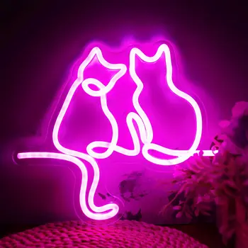 Неонови Надписи Two Cats, Led Неонови Надписи Розовата Котка за Декор на Стени, Аниме Cat Night Light, USB Light Up Signs Wall Art Lamp